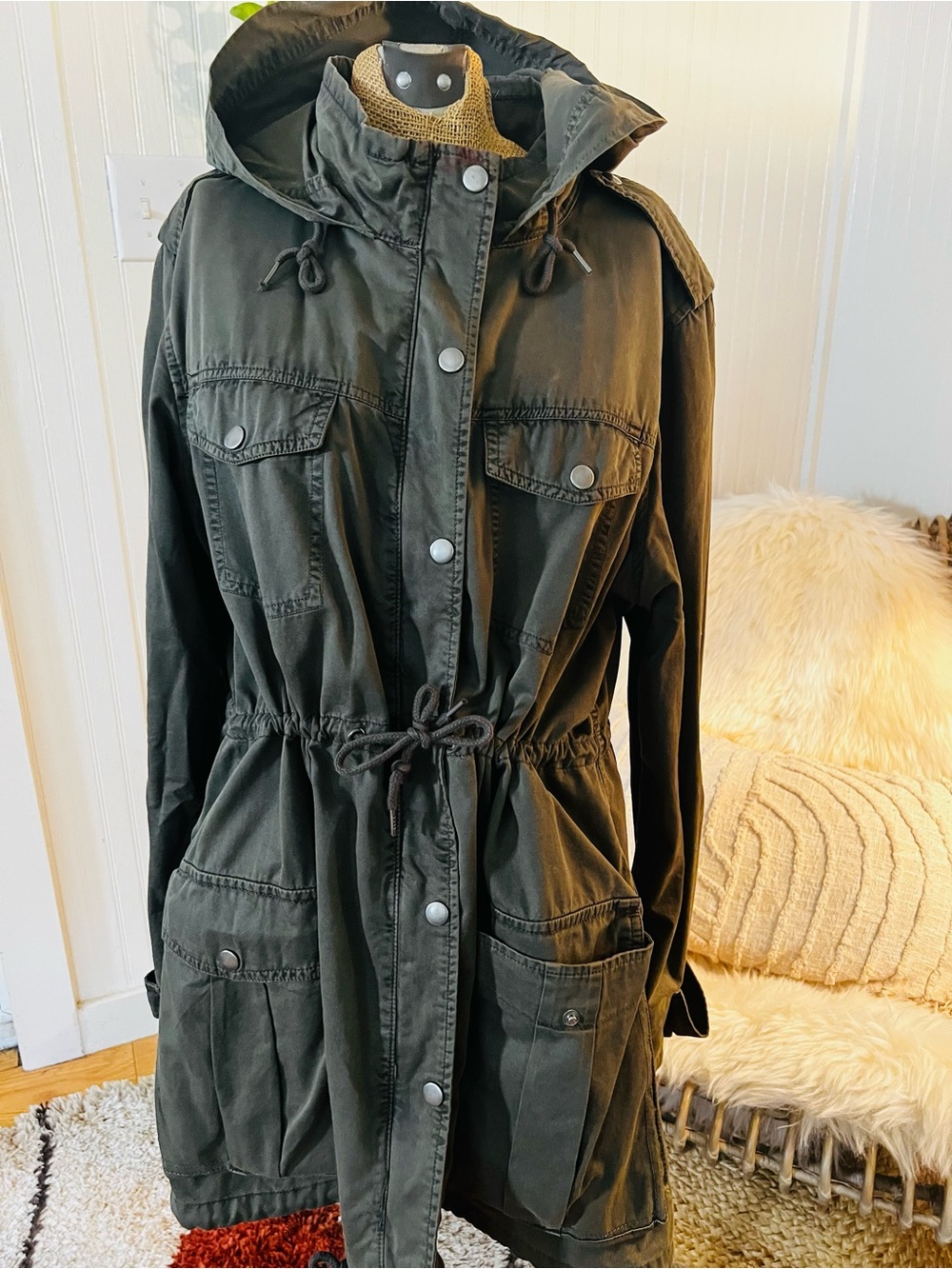 Utility military style Hooded Jacket - Olive Green